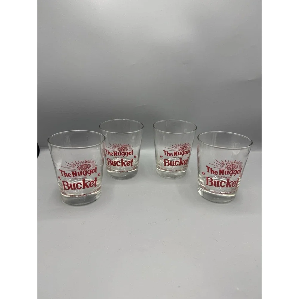 Vtg Set 4 The Nugget Bucket Reno Casino Cocktail Bar Glasses Red Barware Iconic